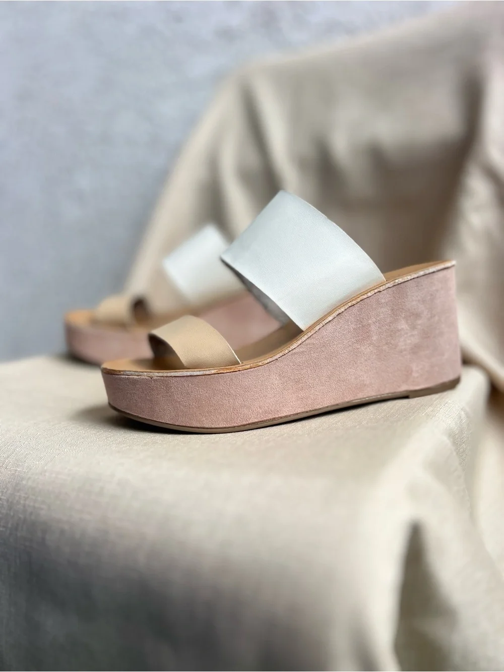 Chinese Laundry White and Beige Double-Band Wedge Sandals